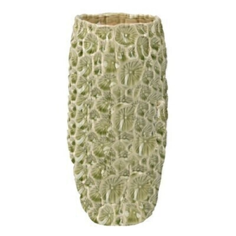 This sage green patterned ceramic vase is made by the London based designer Gisela Graham who designs really beautiful gifts for your home and garden. It is suitable for artifical or real flowers or would loook lovely empty to show off its design. Great on its own or as part of the set. Would make an ideal gift. Matching items available.